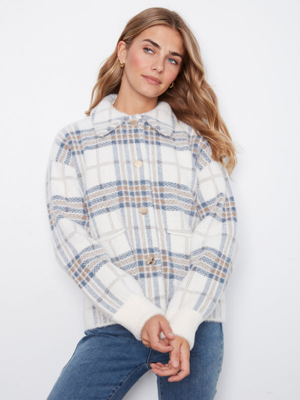 Short Plaid Knit Jacket - Ecru