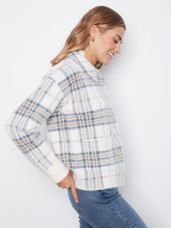 Short Plaid Knit Jacket - Ecru
