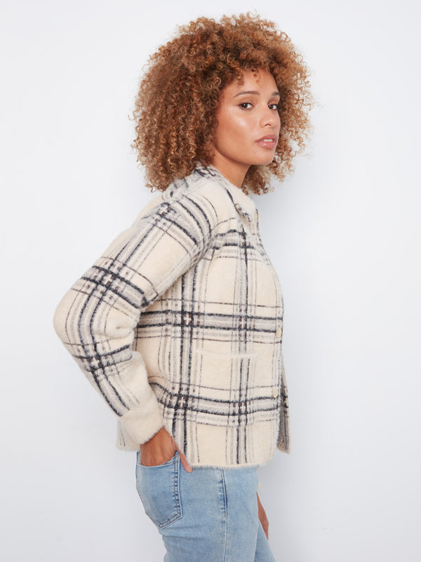 Short Plaid Knit Jacket - Oatmeal