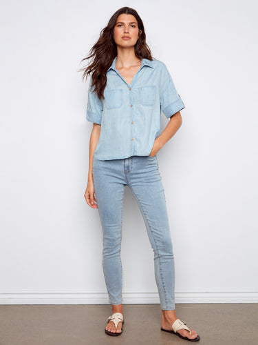 Sage blouse featuring a Johnny collar and button-front design, perfect for casual wear by Charlie B.