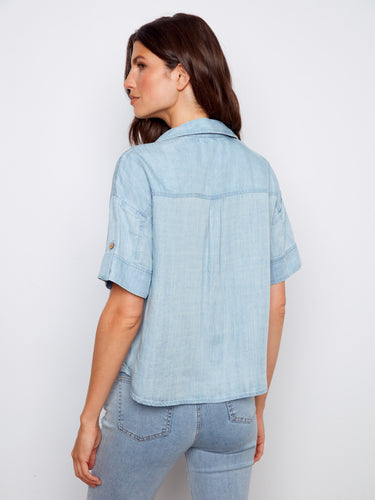Desert-toned blouse with stylish short sleeves and practical chest pockets by Charlie B.