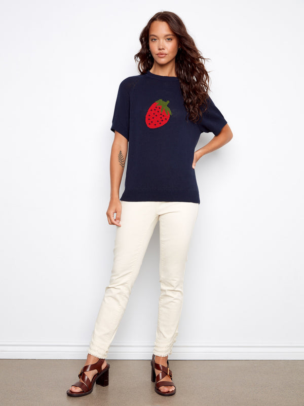 Short Sleeve Cotton Knit Top - Navy