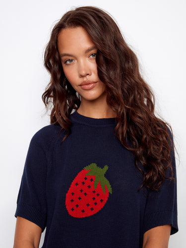 Stylish navy sweater showcasing a playful strawberry design, complete with comfortable raglan short sleeves by Charlie B.
