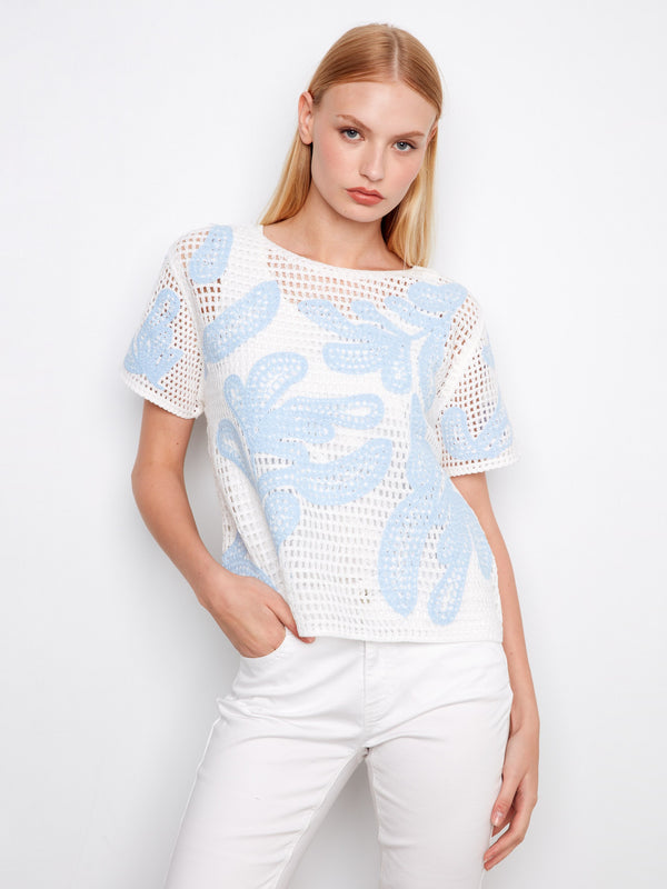 Short Sleeve Crochet Sweater - White