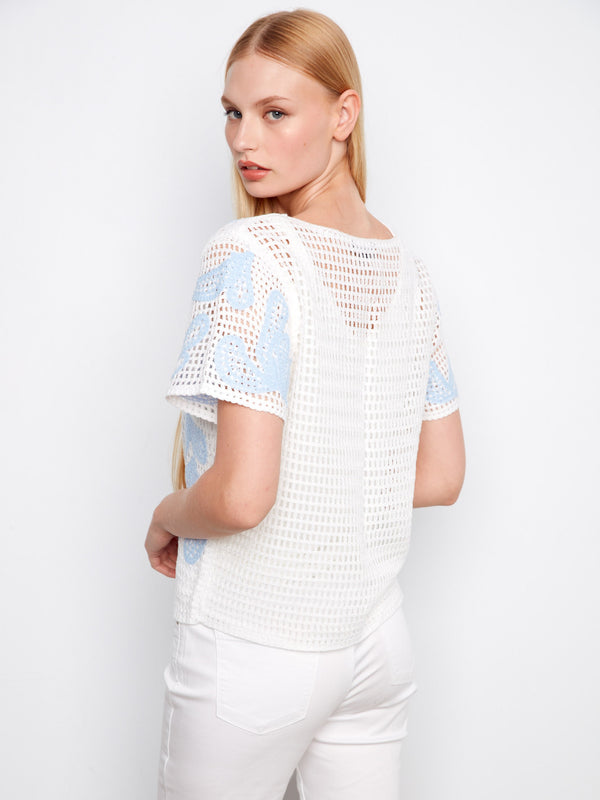 Short Sleeve Crochet Sweater - White