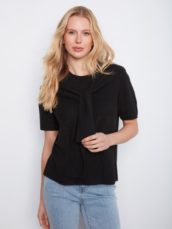 Short Sleeve Sweater With Sleeve Detail - Black