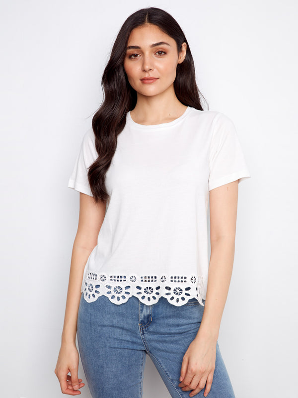 Short Sleeve T-Shirt With Bottom Hem Embroidery - White