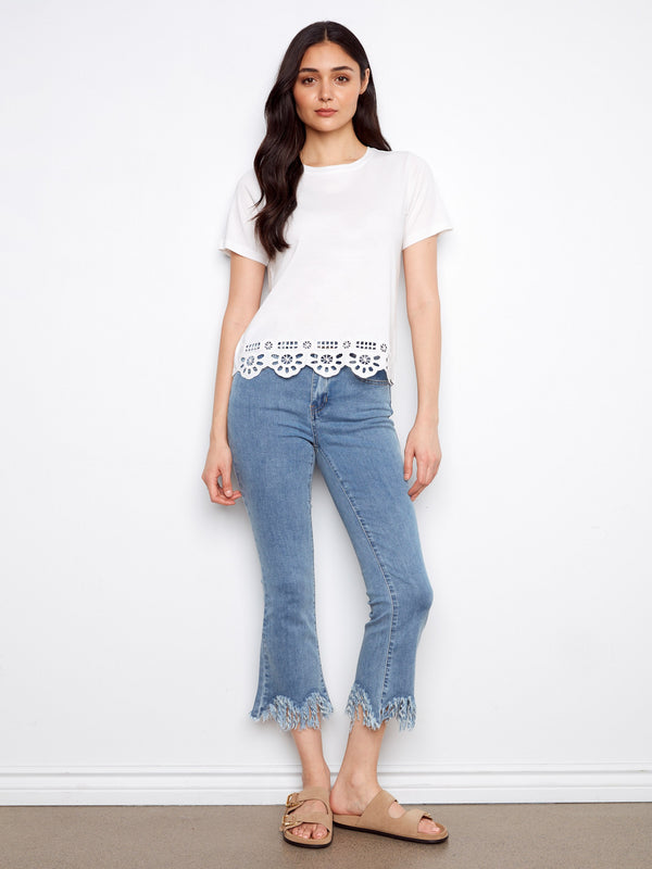 Short Sleeve T-Shirt With Bottom Hem Embroidery - White