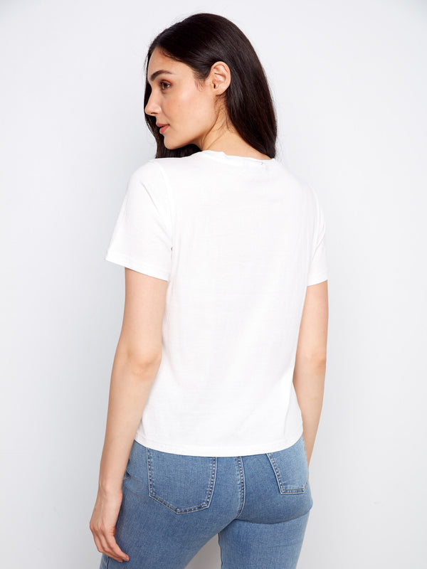 Short Sleeve T-Shirt With Bottom Hem Embroidery - White