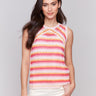 Crochet top with a crew neckline in vibrant begonia, by Charlie B.