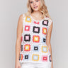 Vibrant patchwork crochet top with a stylish crew neckline by Charlie B.