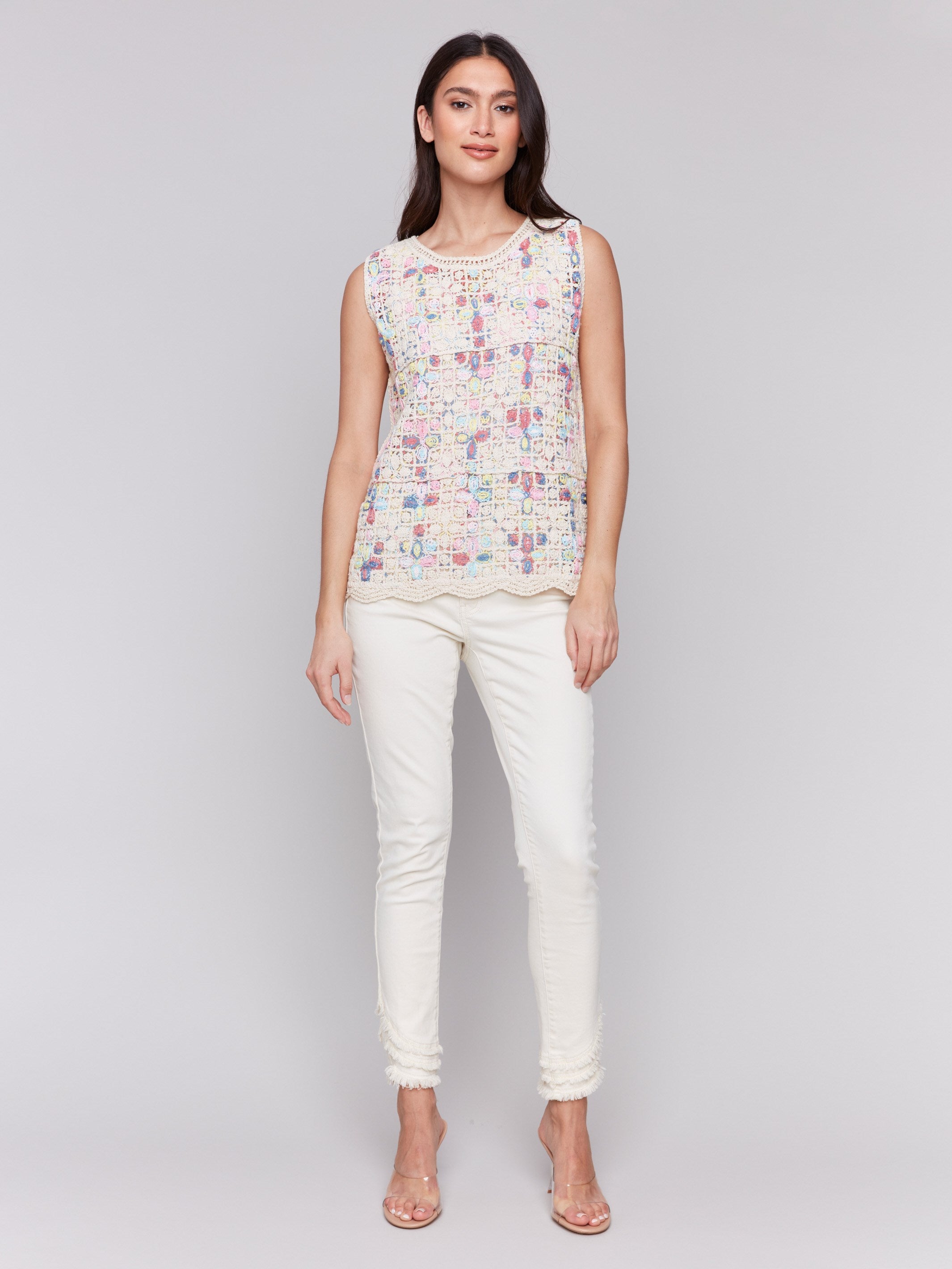 Colorful crochet top with a stylish crew neckline by Charlie B.