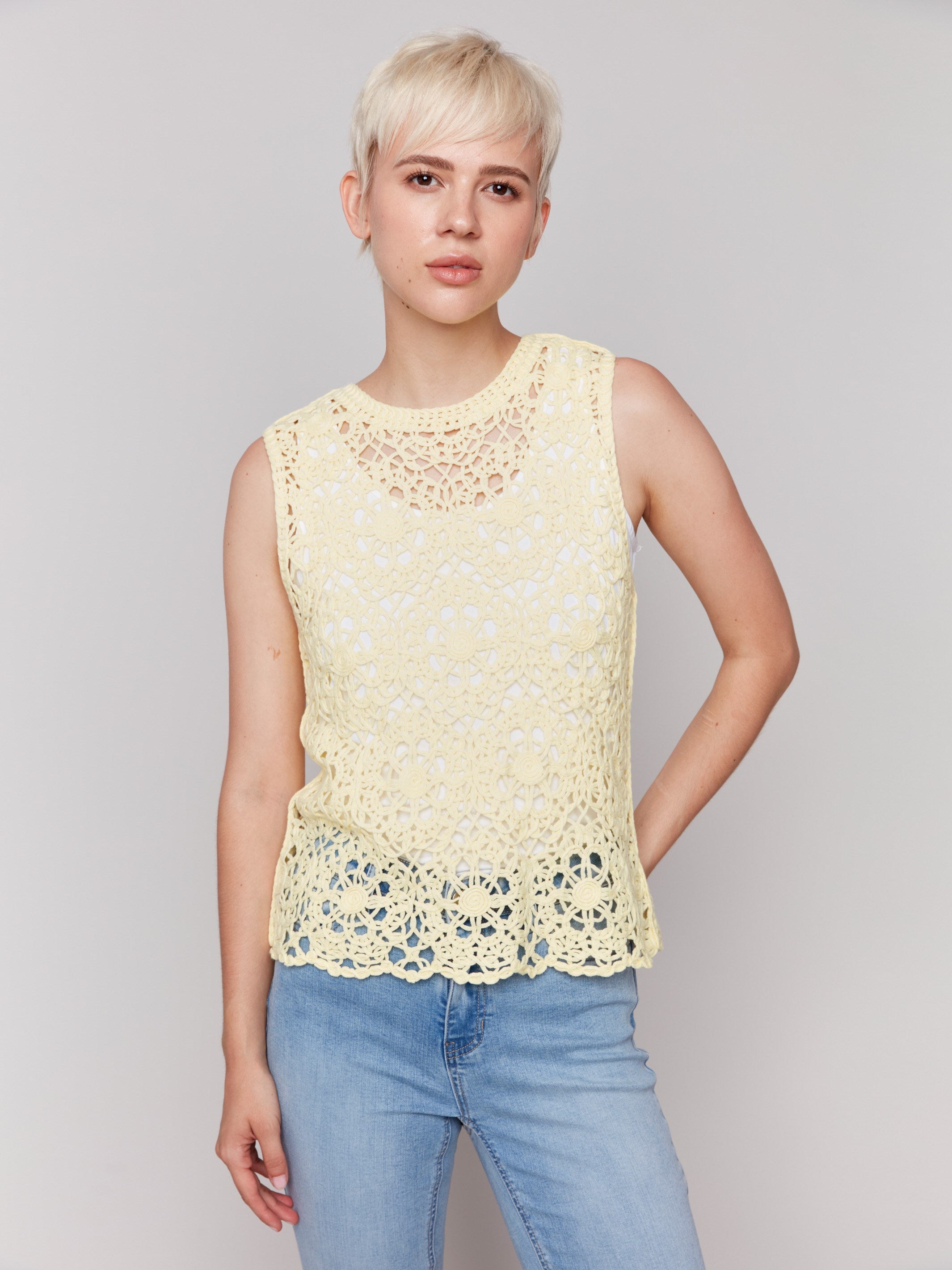 Lemonade crochet top with intricate floral pattern by Charlie B.