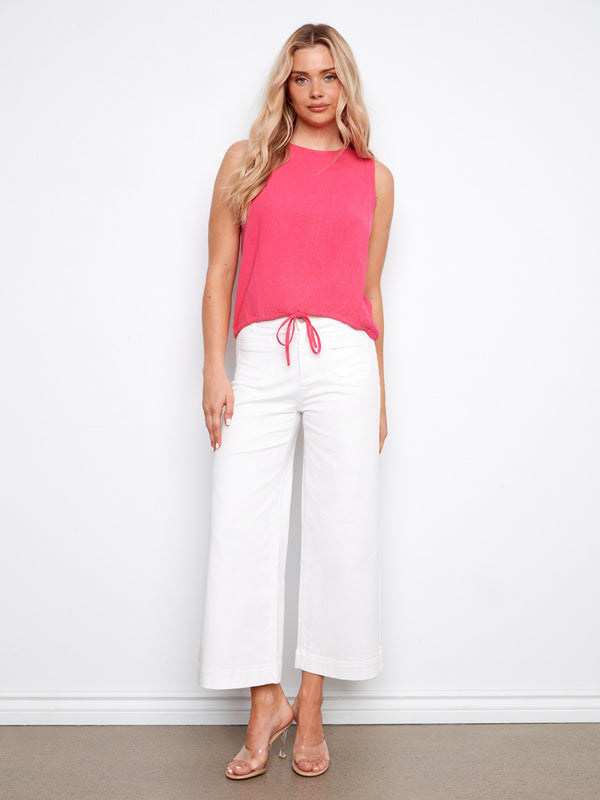 Sleeveless Linen Blend Top With Drawcord - Fuchsia