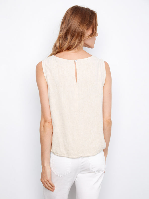 Effortlessly stylish natural top with keyhole button back and comfortable fit, made from linen blend by Charlie B.