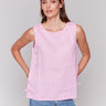 Linen blend top with a crew neckline, offering a chic look by Charlie B.