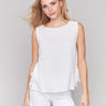 White linen blend top with a crew neckline, offering a breezy style by Charlie B.