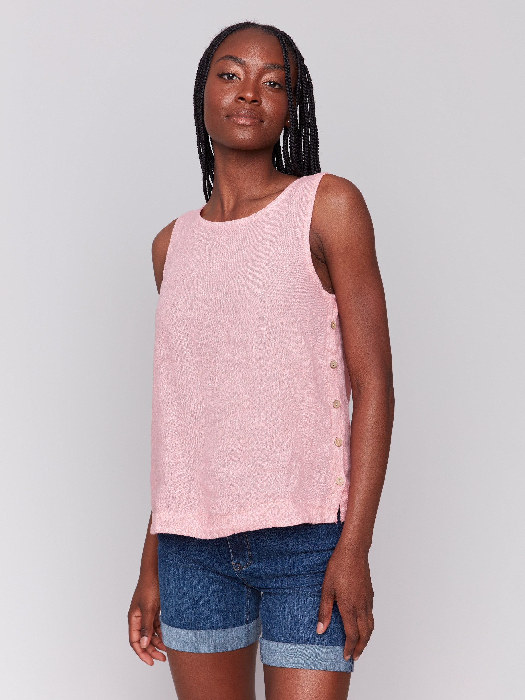 Guava linen tank top featuring a modern high-low hem by Charlie B.