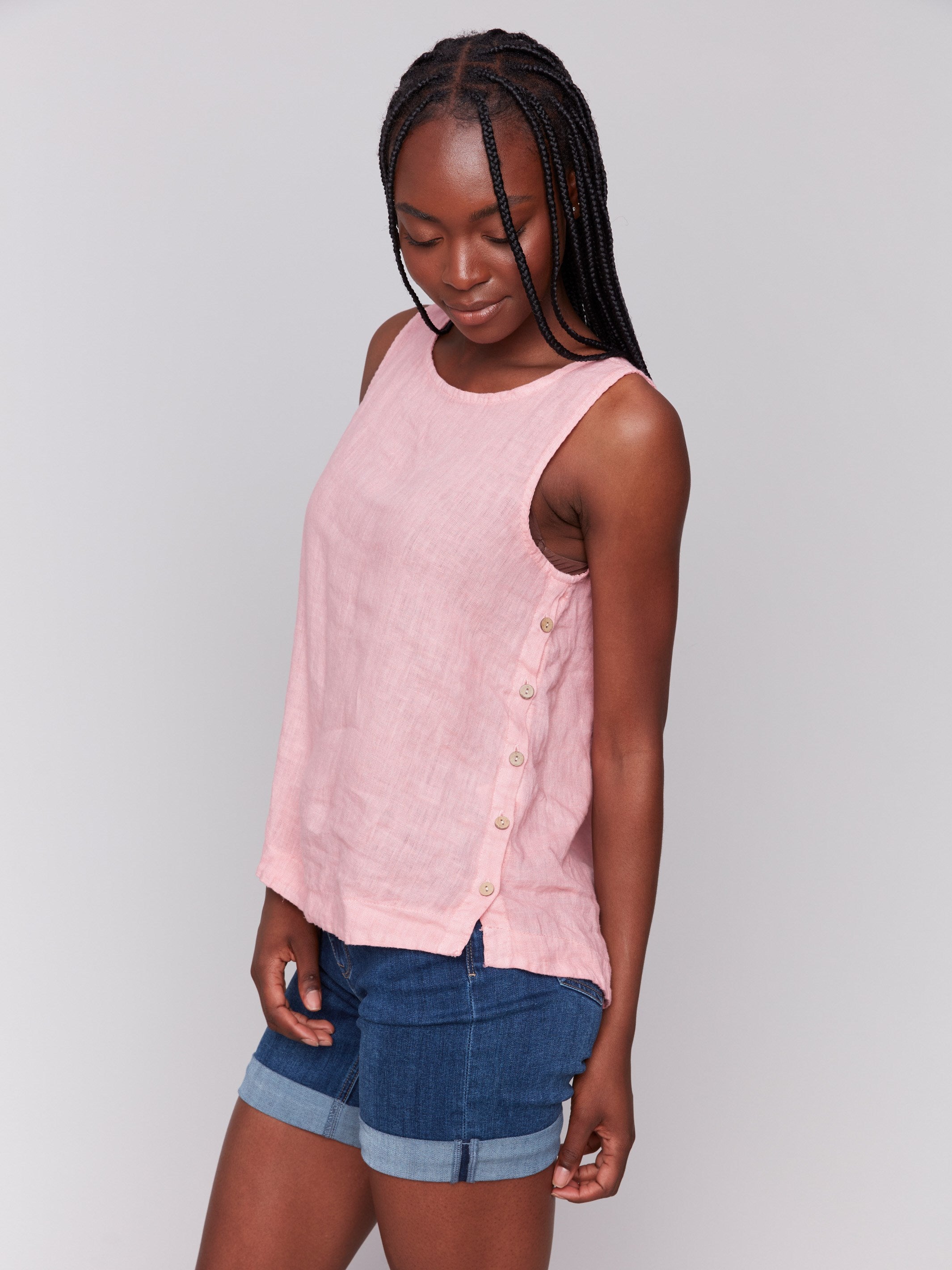 Stylish sleeveless design in guava linen fabric by Charlie B.