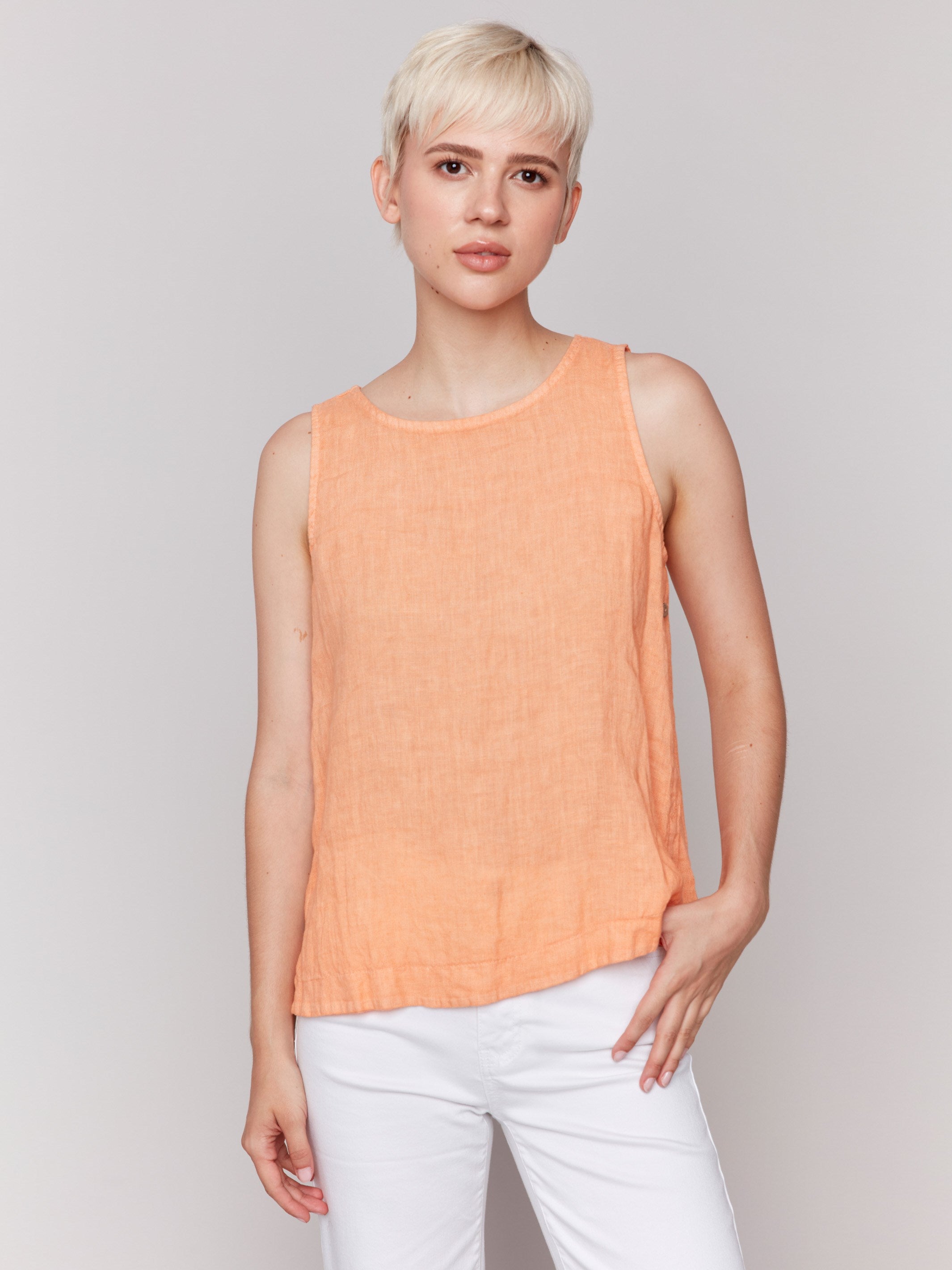 Papaya linen tank top featuring a crew neckline by Charlie B.