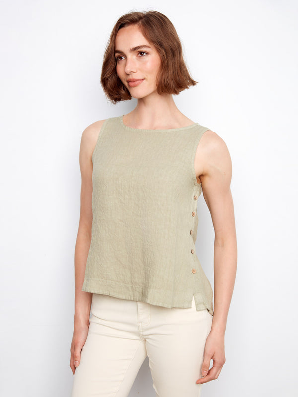 Sleeveless Linen Top With Side Buttons - Sage
