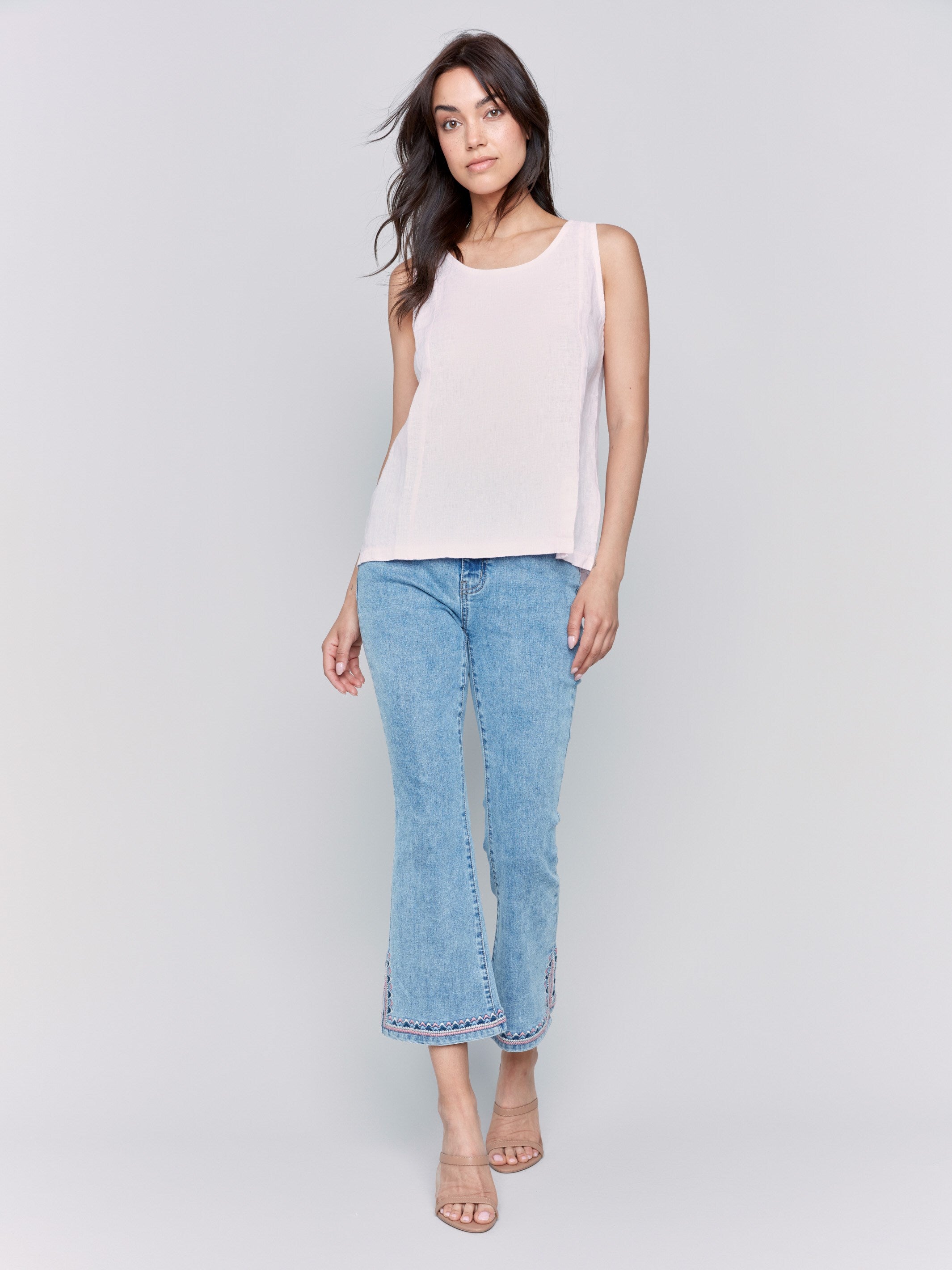 Sleeveless linen top with a hem slit by Charlie B.