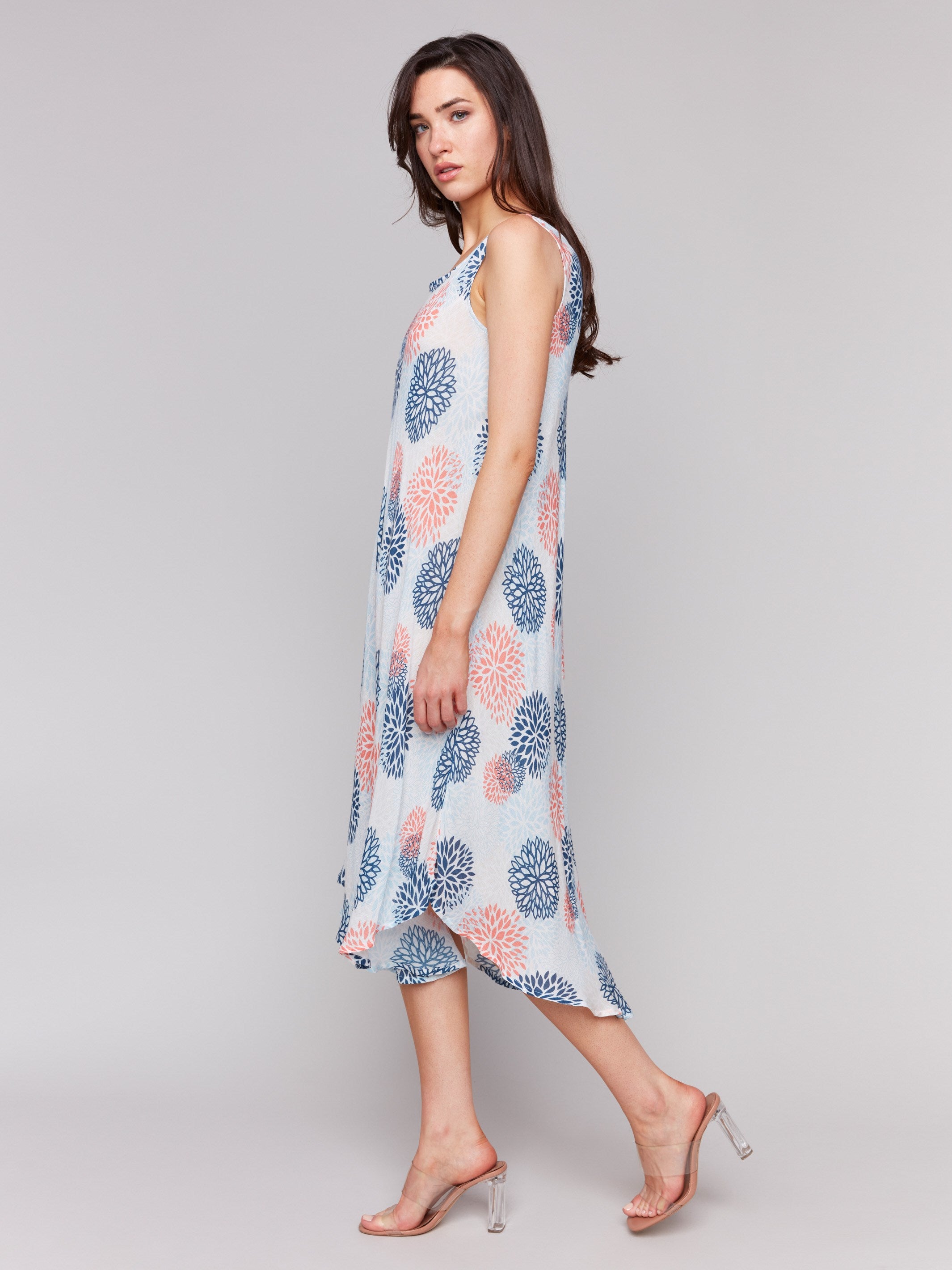 Flowy rayon dress with sleeveless design and rounded hem, perfect for summer by Charlie B.