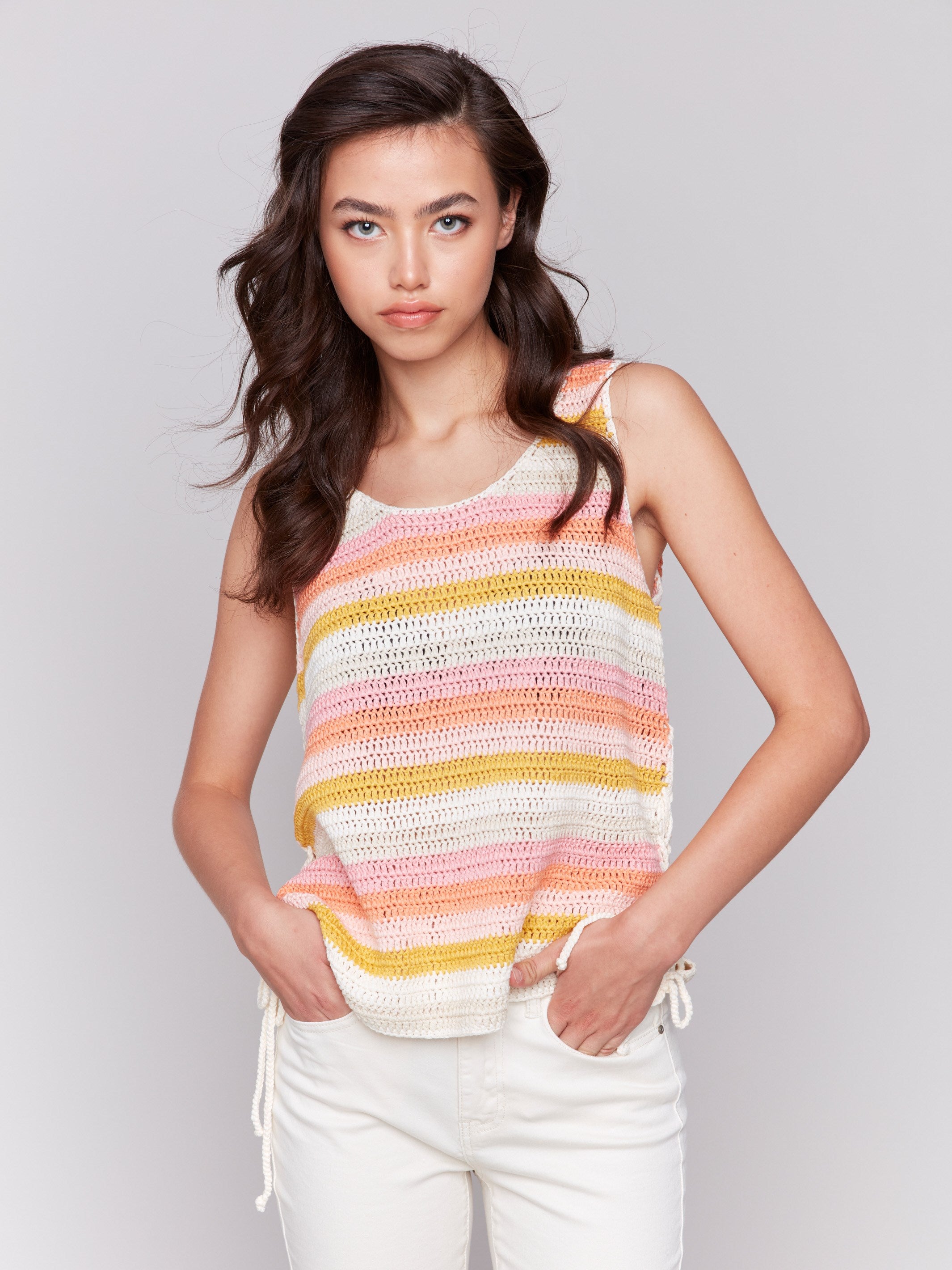 Round neckline crochet top in guava by Charlie B.
