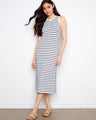 Striped dress in stretch scuba fabric, perfect for comfort and style. The material ensures a sleek fit. By Charlie B.