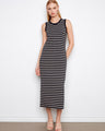 Black striped scuba dress with a flattering crew neckline and maxi length, perfect for any occasion by Charlie B.