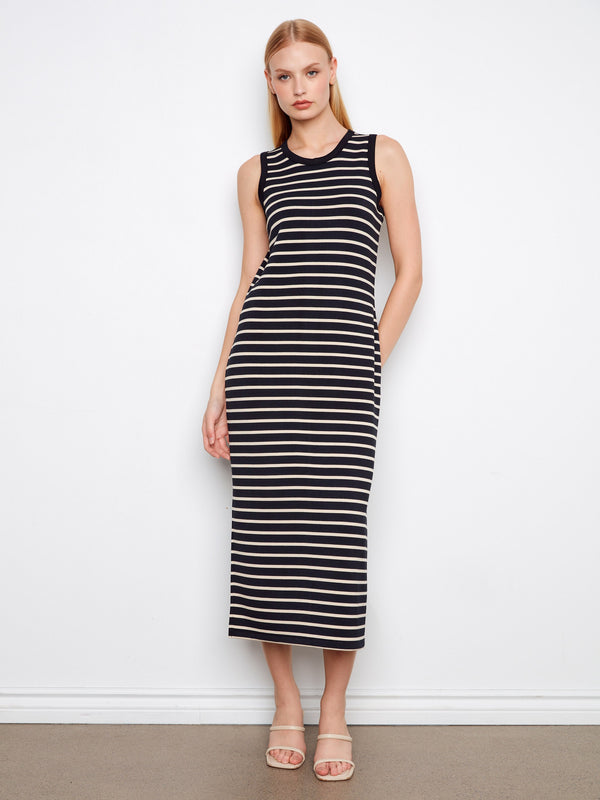 Black striped scuba dress with a flattering crew neckline and maxi length, perfect for any occasion by Charlie B.