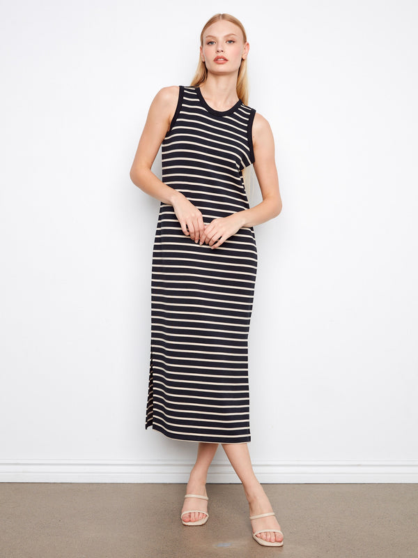 Elegant sleeveless striped scuba dress featuring stylish side slits, ideal for a chic look by Charlie B.