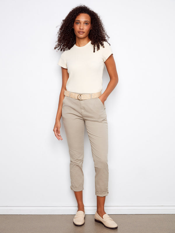 Slim Fit Pants With Belt - Greige