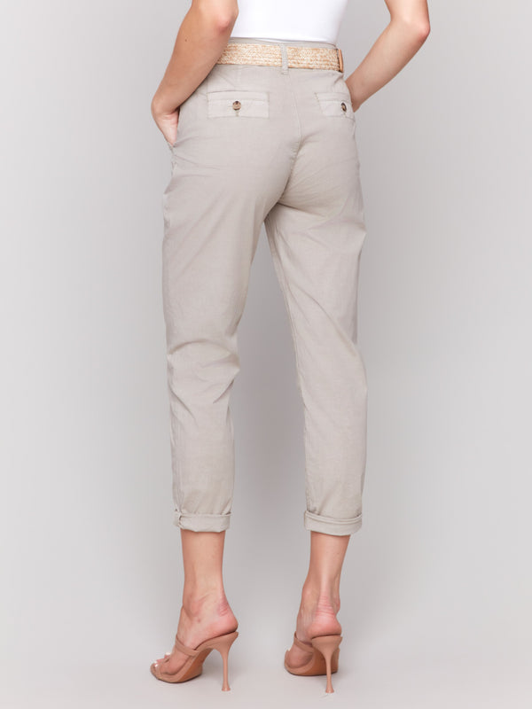 Chic greige pants with a woven belt, offering a sleek slim leg style by Charlie B.