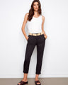 Black slim-fit pants with stretch twill fabric and a belt, ideal for comfort and style by Charlie B.