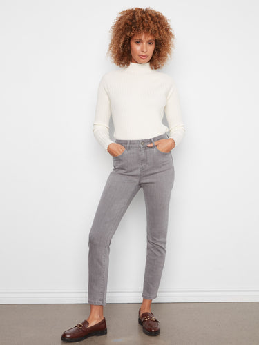 Smoke grey slim leg jeans featuring a zip fly and button closure, made from stretch denim by Charlie B.