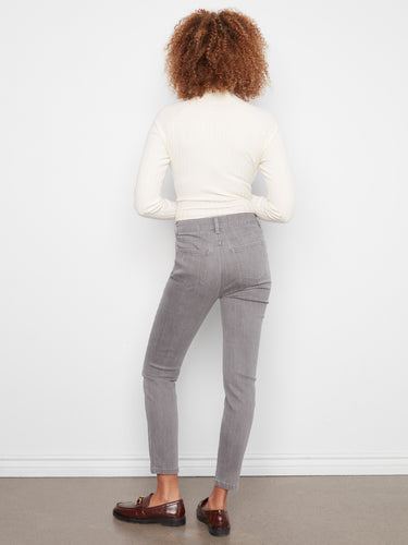 Smoke grey slim leg jeans in stretch denim with a classic five-pocket design for everyday comfort by Charlie B.