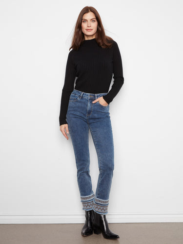 Medium blue slim-leg jeans with a regular rise and intricate hem embroidery, featuring five-pocket styling by Charlie B.