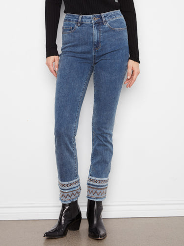 These jeans offer a comfortable stretch denim material with an embroidered hem, perfect for any casual outing by Charlie B.