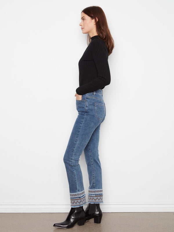 Slim Leg Jeans With Embroidered Hem - Medium Blue
