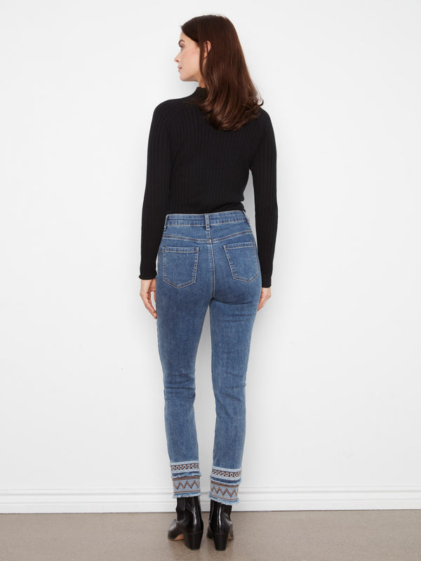 Slim Leg Jeans With Embroidered Hem - Medium Blue