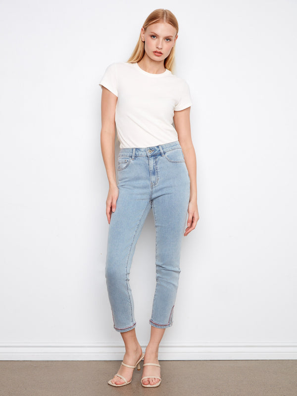 Slim Leg Jeans With Embroidered Hem - Light Blue