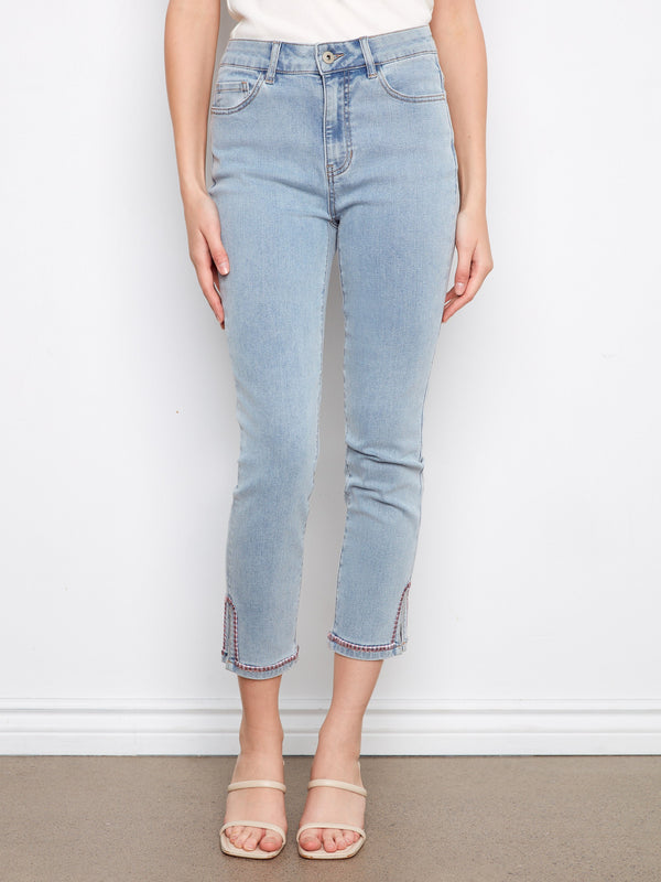 Slim Leg Jeans With Embroidered Hem - Light Blue