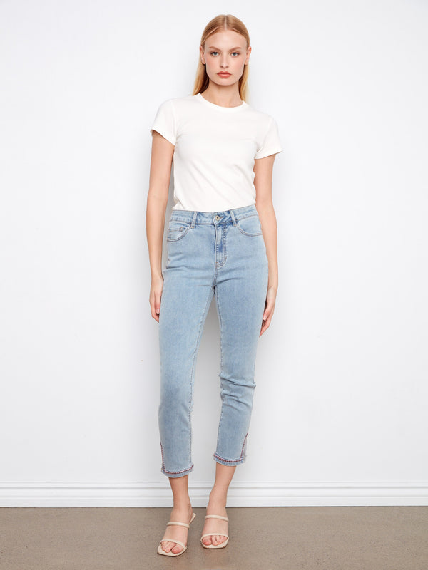 Slim Leg Jeans With Embroidered Hem - Light Blue