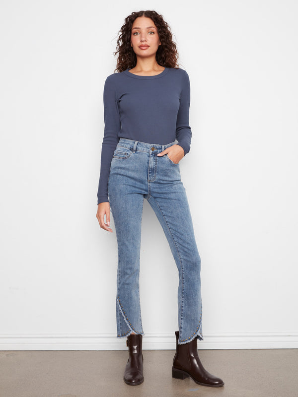 Slim Leg Jeans With Studded Tulip Hem - Medium Blue
