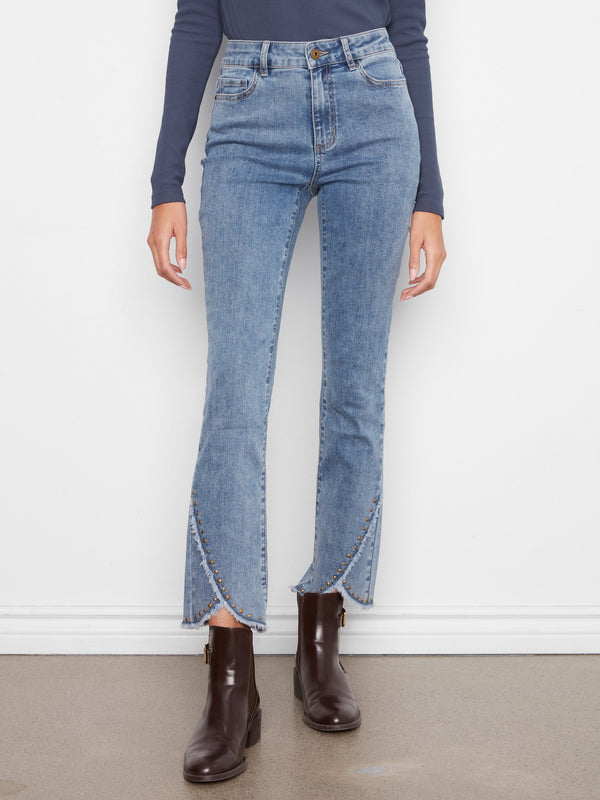 Slim Leg Jeans With Studded Tulip Hem - Medium Blue