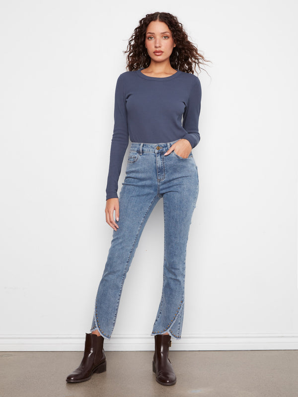 Slim Leg Jeans With Studded Tulip Hem - Medium Blue