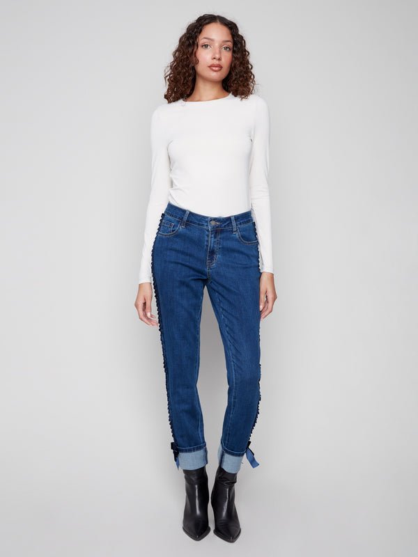 Indigo jeans showcasing a trendy five-pocket design, ideal for versatile styling options by Charlie B.