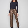 Copper metallic pants with slim fit and ankle-length cut, crafted from stretch twill for comfort and style by Charlie B.