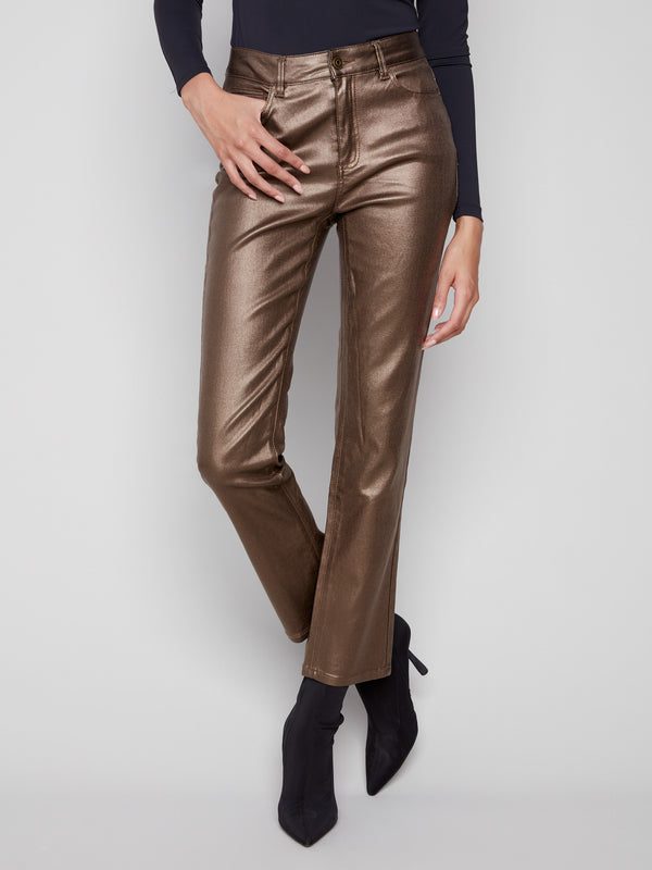 These pants feature a sleek five-pocket design in a copper metallic finish, perfect for versatile styling by Charlie B.